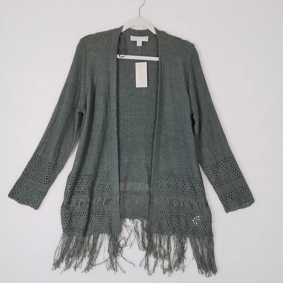 Michael Kors Open Front Crocheted Sweater Size Large in Army Green‎ w/ Fringe - Picture 1 of 12